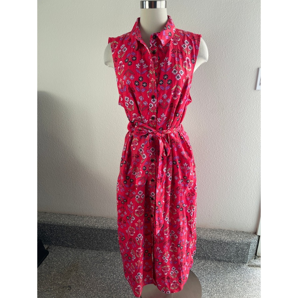 Ann Taylor Womens‎ 18 Red Floral Linen Blend Sleeveless Belted Midi Shirt Dress
